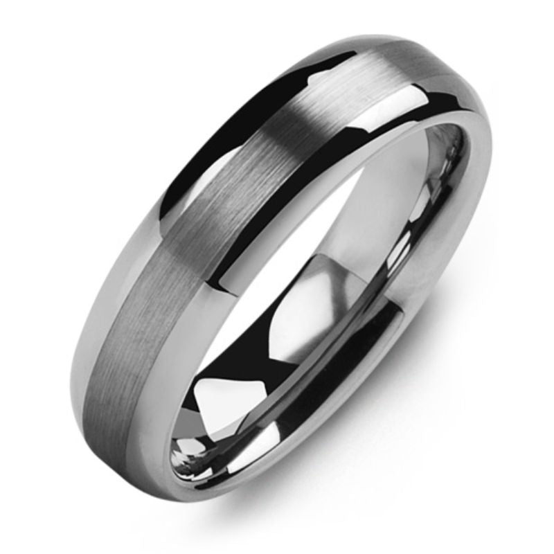 The Madani Classic Thin Brushed Tungsten Wedding Band features a polished design with a brushed satin band, offering a subtle contrast between its smooth and textured surfaces. This ring by Madani reflects light beautifully, accentuating its sleek and elegant design.