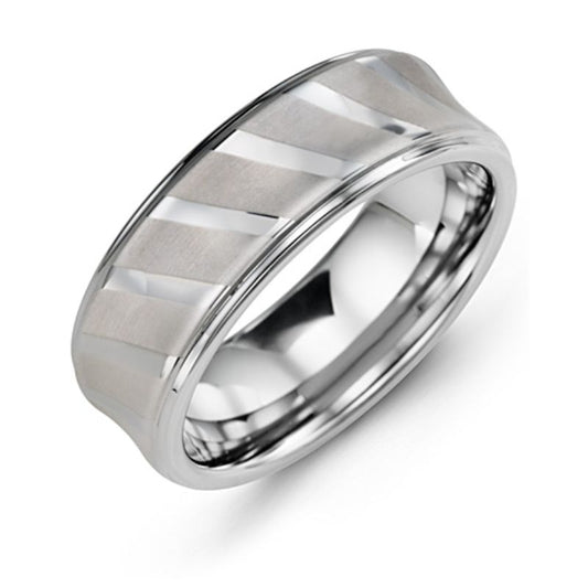 The Madani Diagonal Lines Polished Tungsten Wedding Band by Madani is an 8mm concave ring featuring a sleek silver finish and a contemporary geometric pattern with alternating matte and polished triangular facets encircling the band. Its polished tungsten interior boasts a smooth, reflective surface, adding to its sophisticated charm.