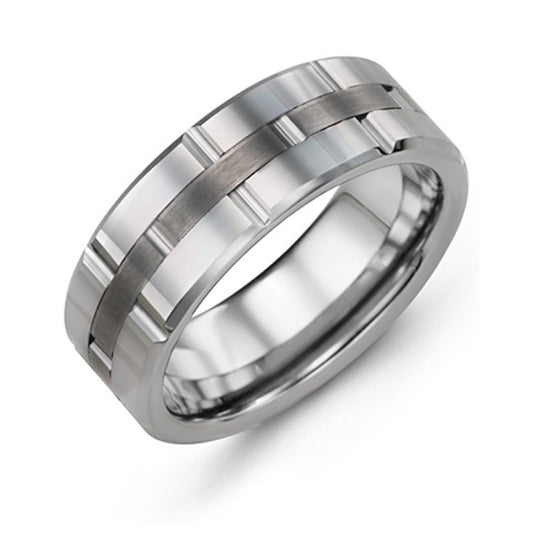 The Madani Satin Center Grooved Tungsten Wedding Band, by Madani, features a polished finish with a grooved link design and two horizontal grooves encircling its center. This contemporary wedding ring combines matte and shiny elements for a sleek appearance.