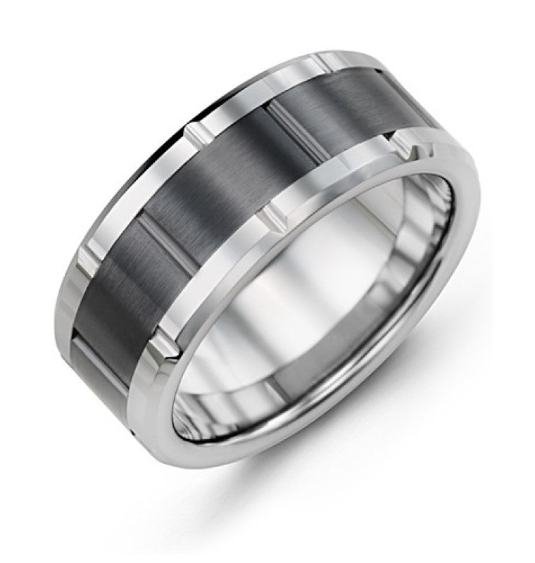 Introducing the Madani Grooved Tungsten and Black Ceramic Wedding Band: A stylish silver tungsten ring featuring a dark grey inlay. The satin finish of the inlay imparts a contemporary and masculine appeal, while the beveled edges add to its elegant and sophisticated design. This exquisite piece is crafted by the renowned brand, Madani.