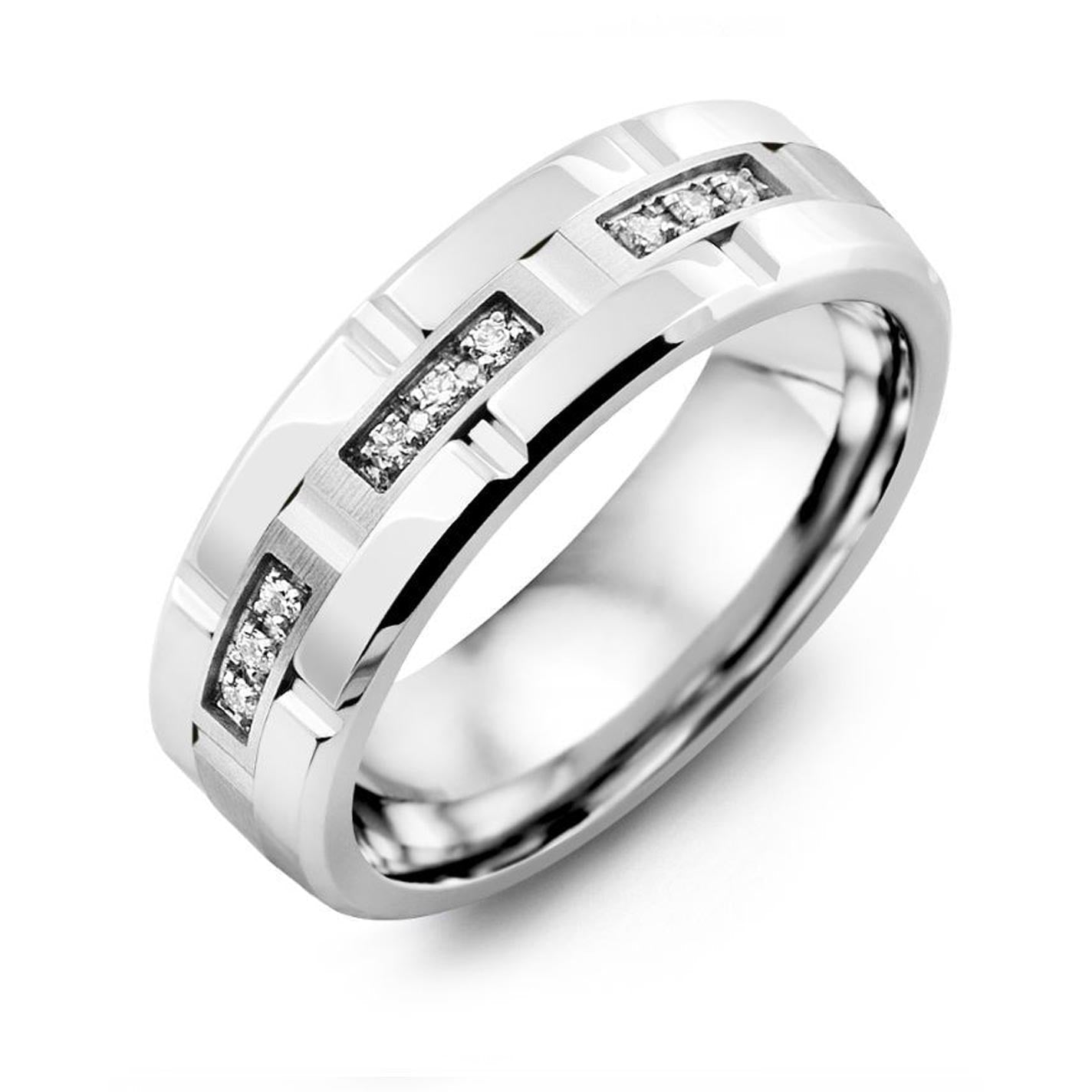 Introducing the Madani Tungsten and 10K White Gold Round Brilliant Diamond Wedding Band, a breathtaking piece featuring geometric patterns and a trio of embedded diamonds, gracefully showcased on a white background.