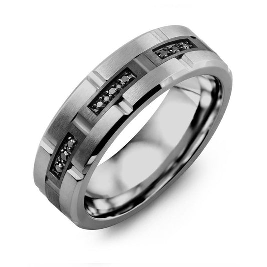 The Madani Tungsten and 10K Black Gold Wedding Band by Madani is displayed. The band showcases three rectangular clusters of small black diamonds set in grooves, contributing to its modern and sleek design. Crafted with 10k black gold, it offers an elegant contrast against the white background.