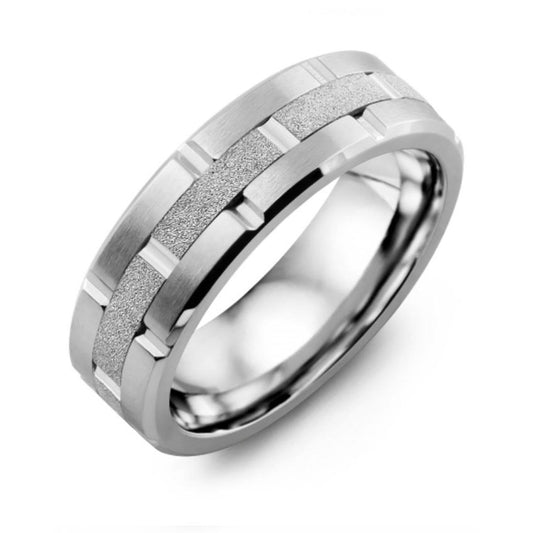 An elegant Madani wedding band featuring a matte center with a polished edge, crafted in cobalt and 10K white gold. The center showcases a grid-like pattern for a contemporary feel, ideal for those desiring a laser textured design. Photographed against a simple white background.