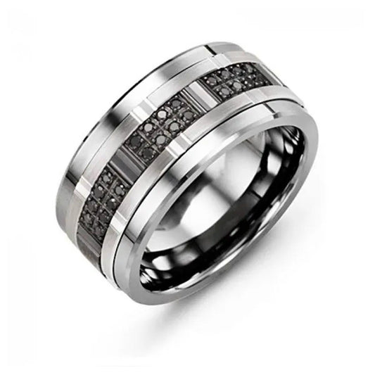 The Madani Tungsten and 10K White and Black Gold Wedding Band for men showcases a sleek double band design adorned with embedded black diamonds. This Madani ring offers a modern, polished finish that accentuates the striking contrast between its silver tones and dark stones.