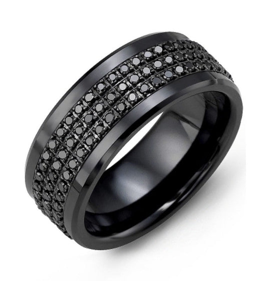 Introducing the Madani Black Ceramic and 10K Black Gold Wedding Band, featuring a sophisticated design with three rows of small, round black diamonds set around the band for a textured and elegant appearance.