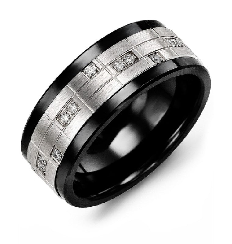 The Madani Black Ceramic and 10K White Gold Puzzle Pattern Round Brilliant Diamond Wedding Band for men showcases a brushed metal finish in a sophisticated black and silver tone. The band is beautifully adorned with puzzle patterns and geometric designs, featuring embedded square diamonds that provide a modern, elegant touch.