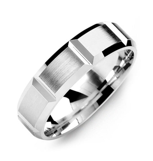 Introducing the Madani 10K White Gold Beveled Accents Wedding Band, a silver wedding band crafted with a polished, geometric design that showcases brushed rectangular segments and beveled edges.