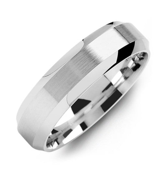 Introducing the Madani Brush Center Curved Beveled Edge 10K White Gold Wedding Band, a sleek ring by Madani. This modern and elegant design features a polished and brushed finish with curved bevelled edges that reflect light, enhancing its smooth surfaces and contemporary style.