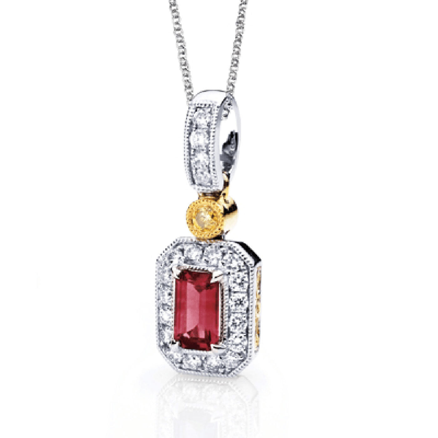 The Simon G. 18K White Gold Emerald Ruby with Diamond Necklace Pendant showcases an emerald cut ruby encircled by small white diamonds, all set in a geometric style. The pendant hangs from a delicate chain that highlights contrasting silver and yellow gold tones.