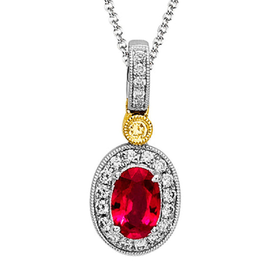 Introducing the Simon G. 18K White Gold Oval Ruby with Diamond Necklace Pendant, featuring an exquisite oval-cut ruby encircled by a halo of shimmering white diamonds. This stunning piece showcases a sophisticated silver and gold design, accented with a yellow diamond above the main stone, all elegantly suspended from a silver chain. Brought to you by renowned brand Simon G.