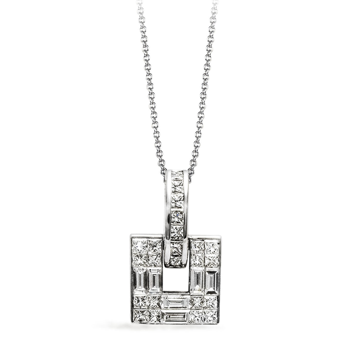 The Simon G. 18K White Gold Diamond Necklace Pendant showcases a geometric design with interconnected square and rectangular shapes, adorned with small sparkling diamonds. The delicate chain enhances the elegant appearance of this Simon G jewelry piece, adding sophistication to any ensemble.