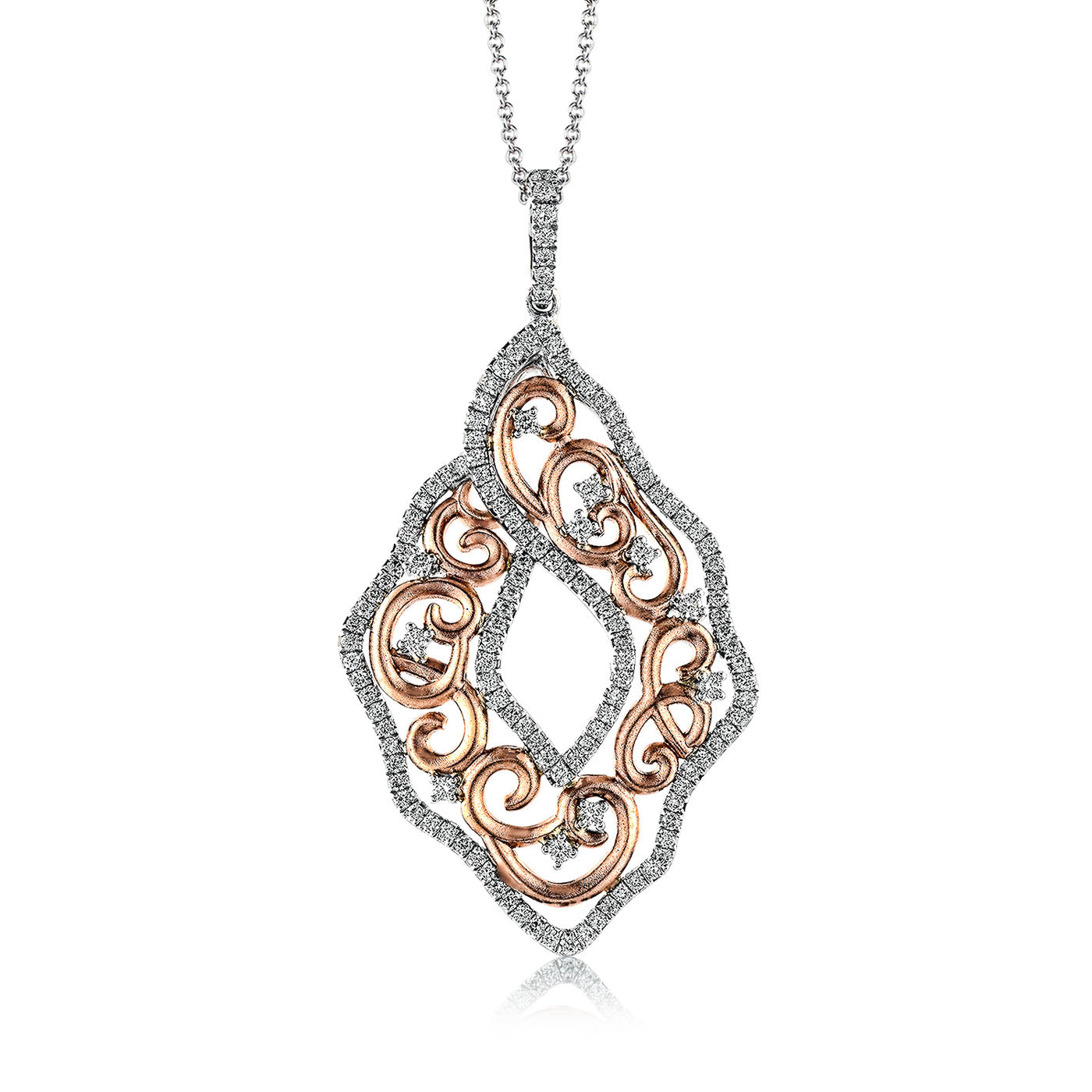 An exquisite Simon G. 18K White Gold Diamond Necklace Pendant displays a beautifully intricate scroll design adorned with 0.78Tw round diamonds. Its geometric form is accentuated by finely set small silver diamonds, and it dangles gracefully from a delicate silver chain, epitomizing the sophisticated elegance of Simon G.