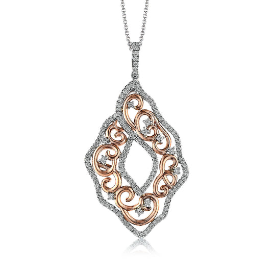 An exquisite Simon G. 18K White Gold Diamond Necklace Pendant displays a beautifully intricate scroll design adorned with 0.78Tw round diamonds. Its geometric form is accentuated by finely set small silver diamonds, and it dangles gracefully from a delicate silver chain, epitomizing the sophisticated elegance of Simon G.