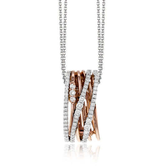 Introducing the Simon G. 18K Rose and White Gold Diamond Necklace Pendant: a masterpiece of intertwined rose and white gold bands, embellished with shimmering white diamonds. This elegant pendant is beautifully suspended from a fine silver chain.