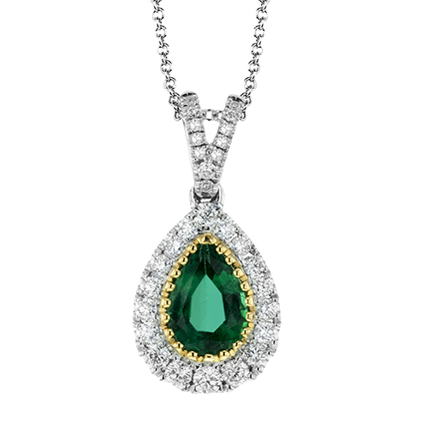 The Simon G. 18K White Gold Pear Emerald with Diamond Necklace Pendant showcases a vintage-inspired design, featuring a pear-shaped emerald encircled by a halo of round white diamonds on an elegant white gold chain. A gold accent enhances the vivid green hue of the emerald, making this piece elegant and eye-catching.