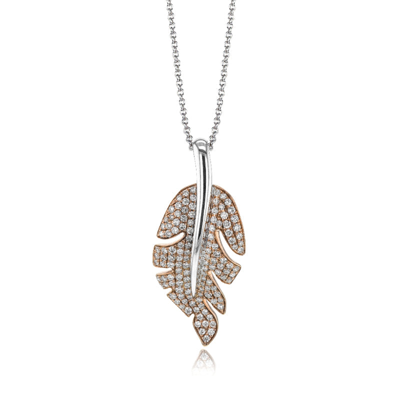 Introducing the Simon G. Diamond Leaf Necklace by Simon G: a sophisticated piece showcasing a white and rose gold pendant in the shape of a leaf, embellished with dazzling crystals. This exquisite pendant is suspended from an 18-inch delicate chain, with its design elegantly highlighted by gold and silver accents.