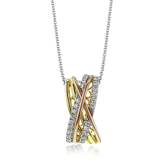 The Simon G. 18K Multi-Colour Gold Diamond Necklace Pendant features a modern and elegant design with intertwined bands of three-tone gold encrusted with white diamonds, all hanging from a silver chain.