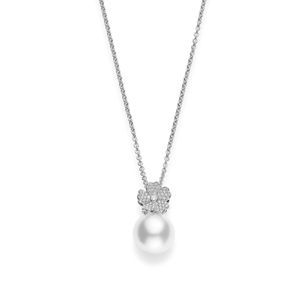 The Mikimoto Cherry Blossom necklace pendant in 18K white gold features a minimalistic and elegant design, with a single large South Sea cultured pearl elegantly suspended from a chain, complemented by a small floral-shaped cluster of diamonds.