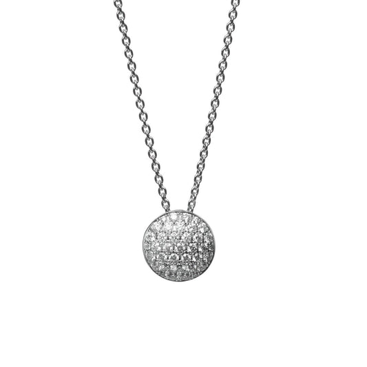 The Mikimoto 18K White Gold Diamond Circle Necklace Pendant features a luxurious round pendant encrusted with diamonds, elegantly set on a simple chain.