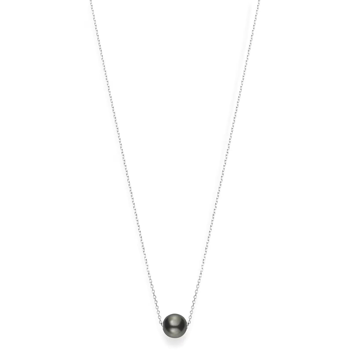 A Mikimoto 18K White Gold Black South Sea Pearl Necklace Pendant displayed on a plain white background, showcasing a single round cultured pearl at the center of an elegant silver chain.