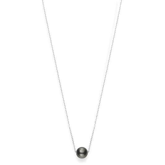 A Mikimoto 18K White Gold Black South Sea Pearl Necklace Pendant displayed on a plain white background, showcasing a single round cultured pearl at the center of an elegant silver chain.
