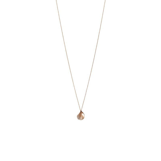 Introducing the Mikimoto Les Pétales de Ginza Collection: a delicate 18K rose gold diamond necklace pendant, elegantly displayed on a plain white background.