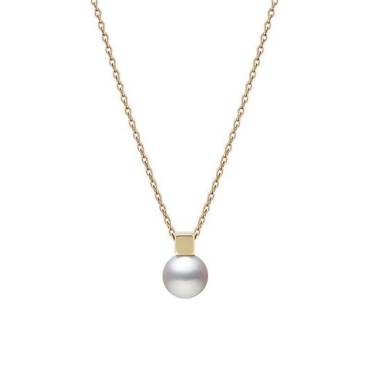The Mikimoto 18K Yellow Gold Akoya Cultured Pearl Necklace Pendant is presented on a simple white background, featuring a captivating design with its elegant single Akoya cultured pearl.