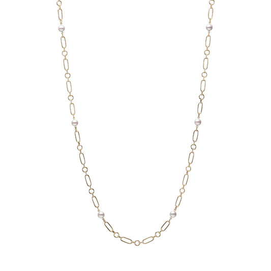 The Mikimoto M Code 18K Yellow Gold Akoya Cultured Pearl Station Necklace by Mikimoto features an exquisite chain of oval links crafted from 18K yellow gold and embellished with evenly spaced Akoya cultured pearls throughout its design.
