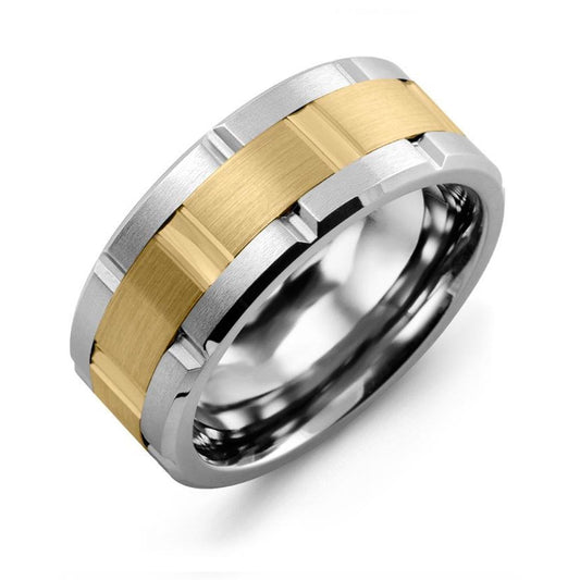 A close-up of the Madani Satin Finished Grooved Tungsten and 10K Yellow Gold Wedding Band, featuring alternating silver and gold bands in a geometric pattern. The tungsten ring showcases a modern design against a white background.