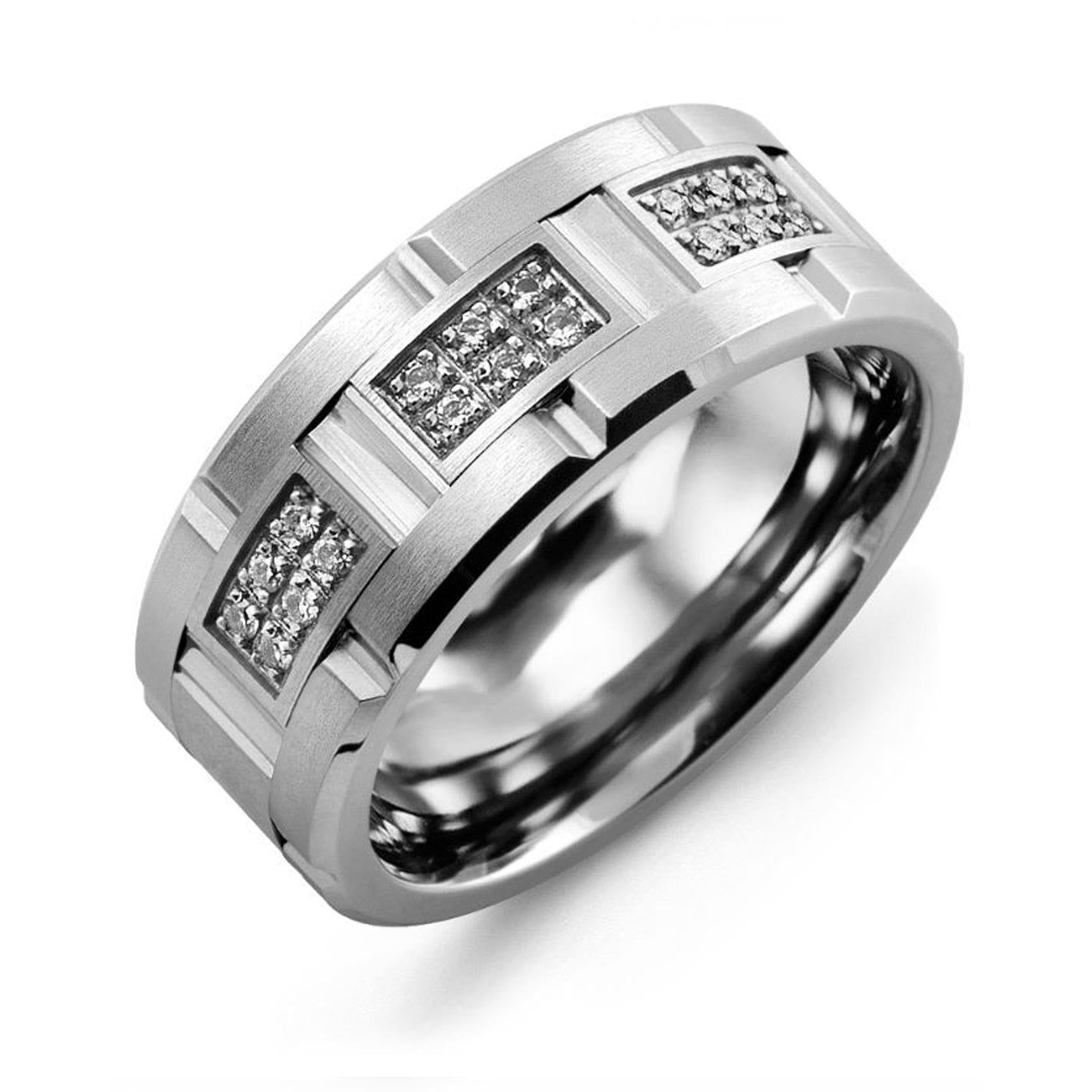 The Madani Satin Finish Cobalt and 10K White Gold Diamond Wedding Band showcases a sleek, modern geometric design with small square patterns inlaid with sparkling diamonds, offering an exquisite visual appeal against a plain white background.