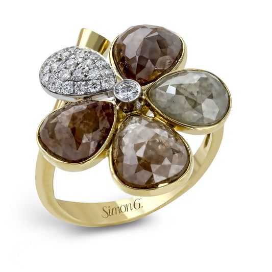The Simon G. 18K Yellow Gold Diamond Ring features a clover-shaped design with five teardrop petals, each showcasing a vibrant colored stone. One petal is elegantly encrusted with shimmering round diamonds, and the piece is engraved with "Simon G.