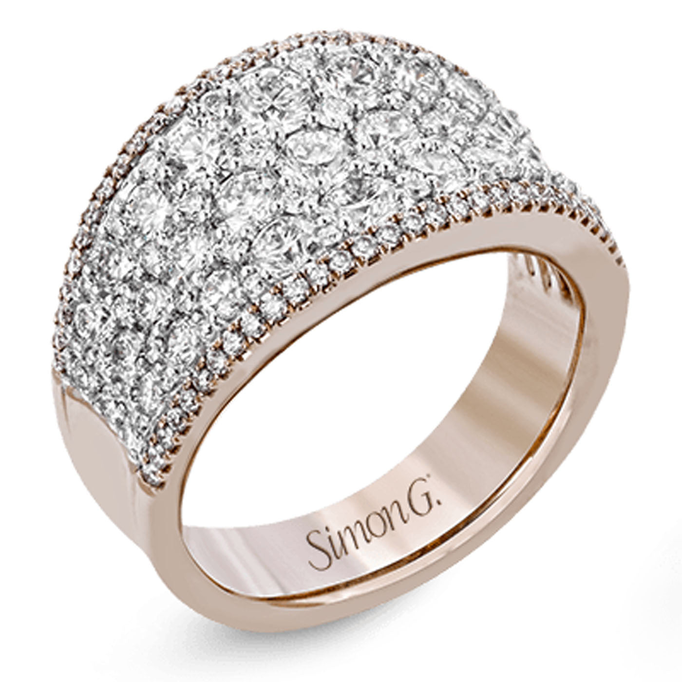 Introducing the Simon G. 18K Rosé Gold Diamond Fashion Ring—a luxurious statement piece crafted in 18k rosé gold, adorned with an array of small round brilliant diamonds on its top surface. This exquisite design intricately highlights the stunning brilliance of these gems.