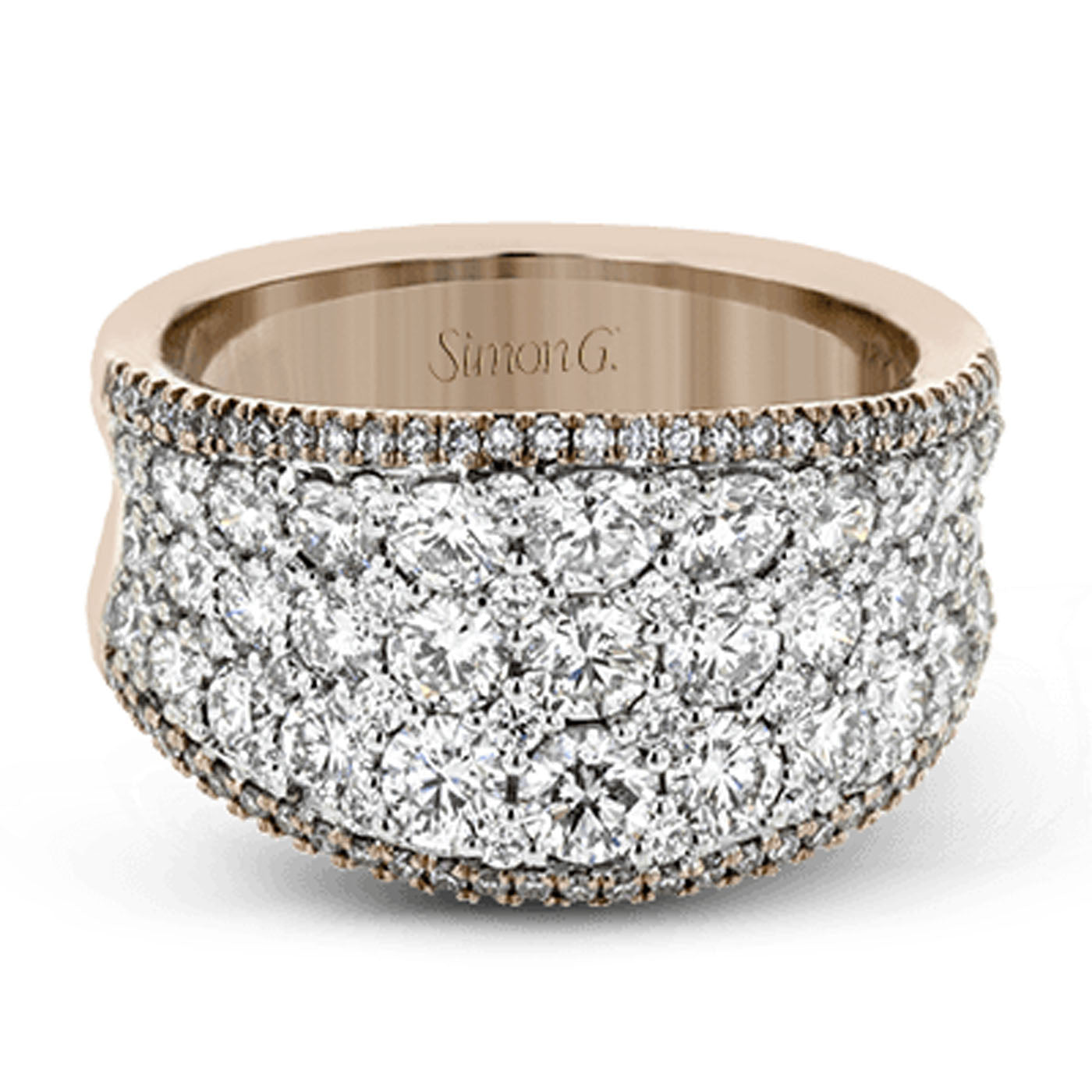 An exquisite Simon G. 18K Rosé Gold Diamond Fashion Ring embellished with multiple rows of round brilliant diamonds, making it a true statement piece.