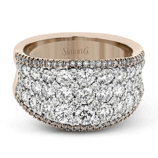 An exquisite Simon G. 18K Rosé Gold Diamond Fashion Ring embellished with multiple rows of round brilliant diamonds, making it a true statement piece.