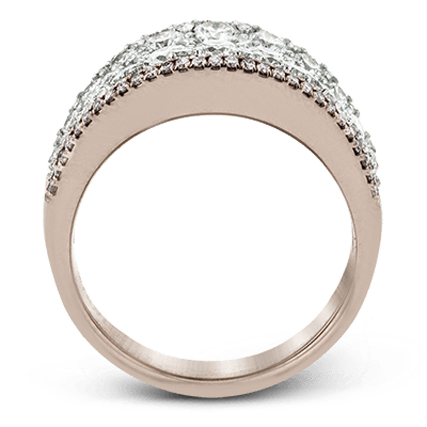 The Simon G. 18K Rosé Gold Diamond Fashion Ring showcases a wide band embellished with rows of small, round brilliant diamonds on the top half. The side view accentuates its remarkable thickness and intricate design, creating a captivating accessory by Simon G.