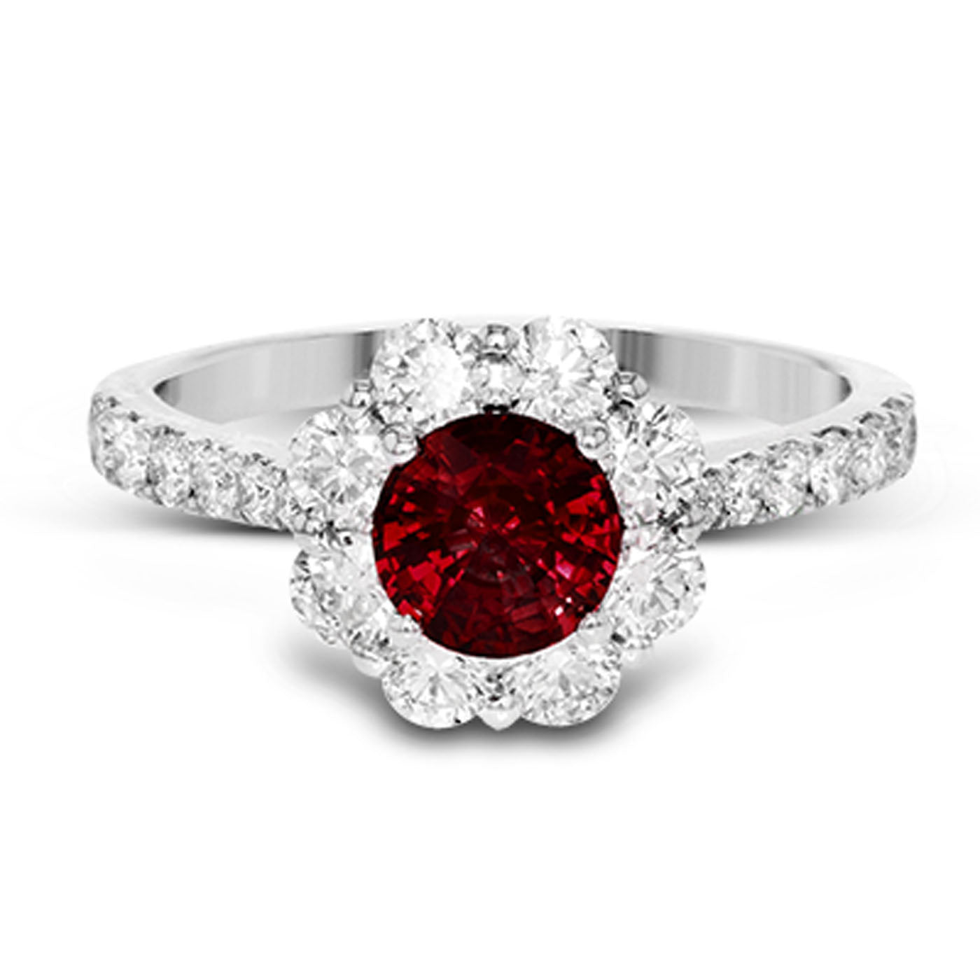 The Simon G. 18K White Gold Ruby with Diamond Ring showcases a prominent, round ruby encircled by smaller clear gemstones arranged in a floral design. Its 18K white gold band is adorned with additional clear diamonds for added brilliance.