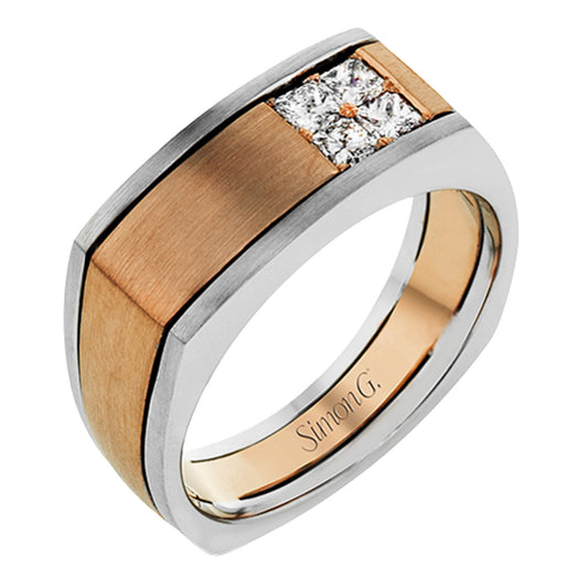 The Simon G. 14K White and Rose Gold Diamond Ring showcases a sophisticated design with a band of brushed rose gold and polished silver, elegantly adorned with four square-set, princess cut diamonds on top. This men’s band by Simon G exudes elegance and sophistication, making it suitable for any occasion.