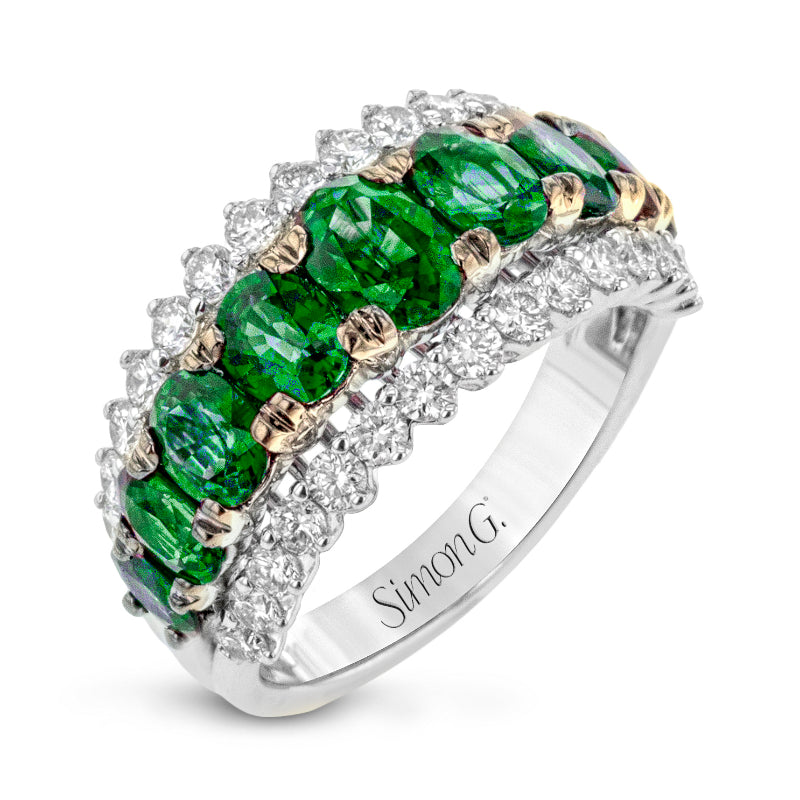 Introducing the elegant Simon G. 18K White and Rose Gold Emerald with Diamond Ring, a luxurious piece featuring two rows of dazzling diamonds that beautifully frame a central row of vibrant emerald gemstones. The intricate detailing on the band, crafted from precious white and rose gold, showcases exceptional craftsmanship by Simon G.