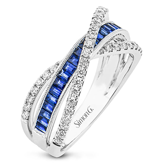 The Simon G. 18K White Gold Sapphire with Diamond Ring features intertwining bands, adorned with rectangular sapphires and round white diamonds.