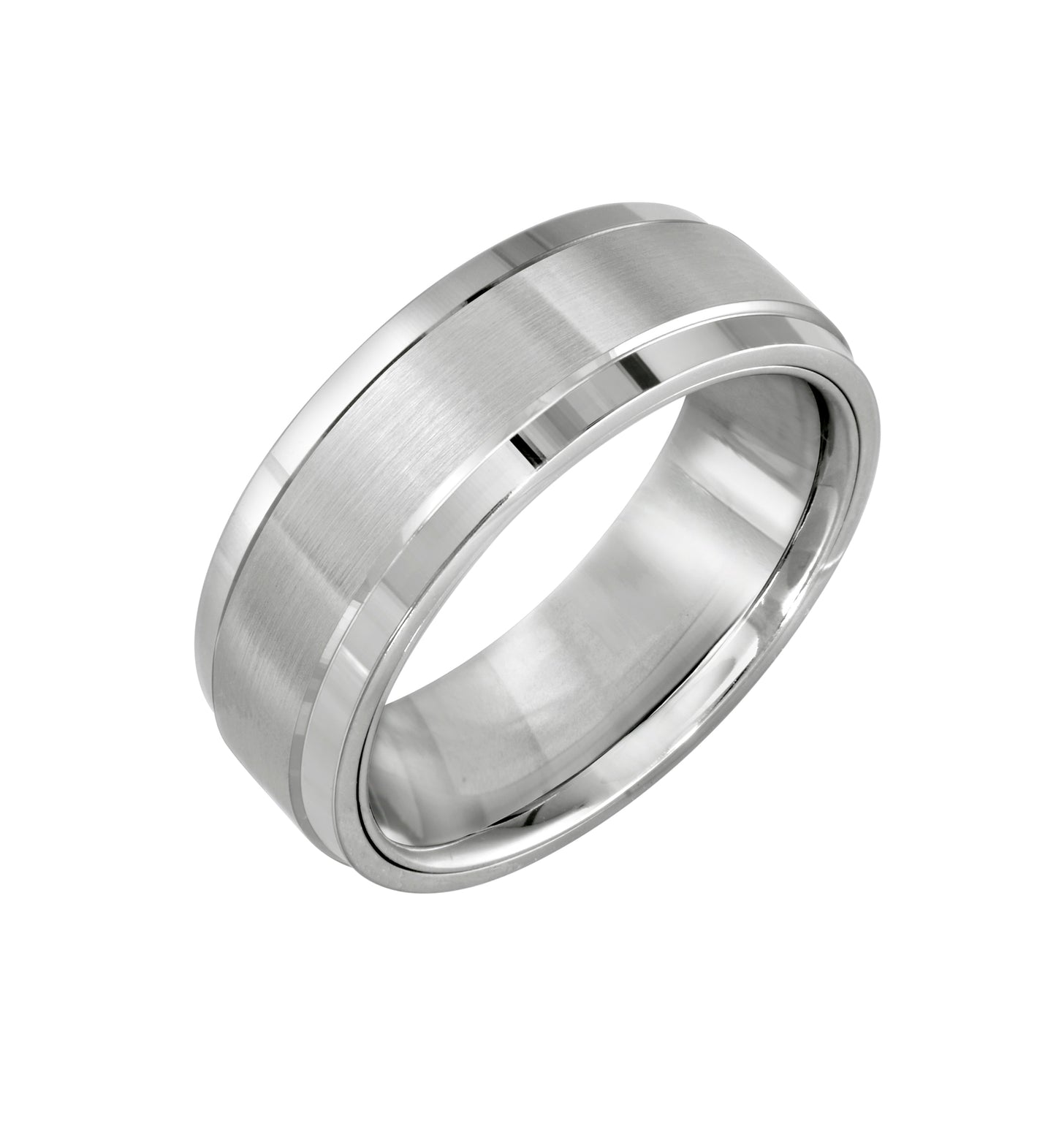 The Malo 14K Yellow and White Gold Wedding Band features a modern, minimalist design with a sleek silver appearance. It boasts a brushed metal finish at the center alongside polished edges, crafted in 14 karat gold. Set against a plain white background, it perfectly complements size 10 wedding bands.