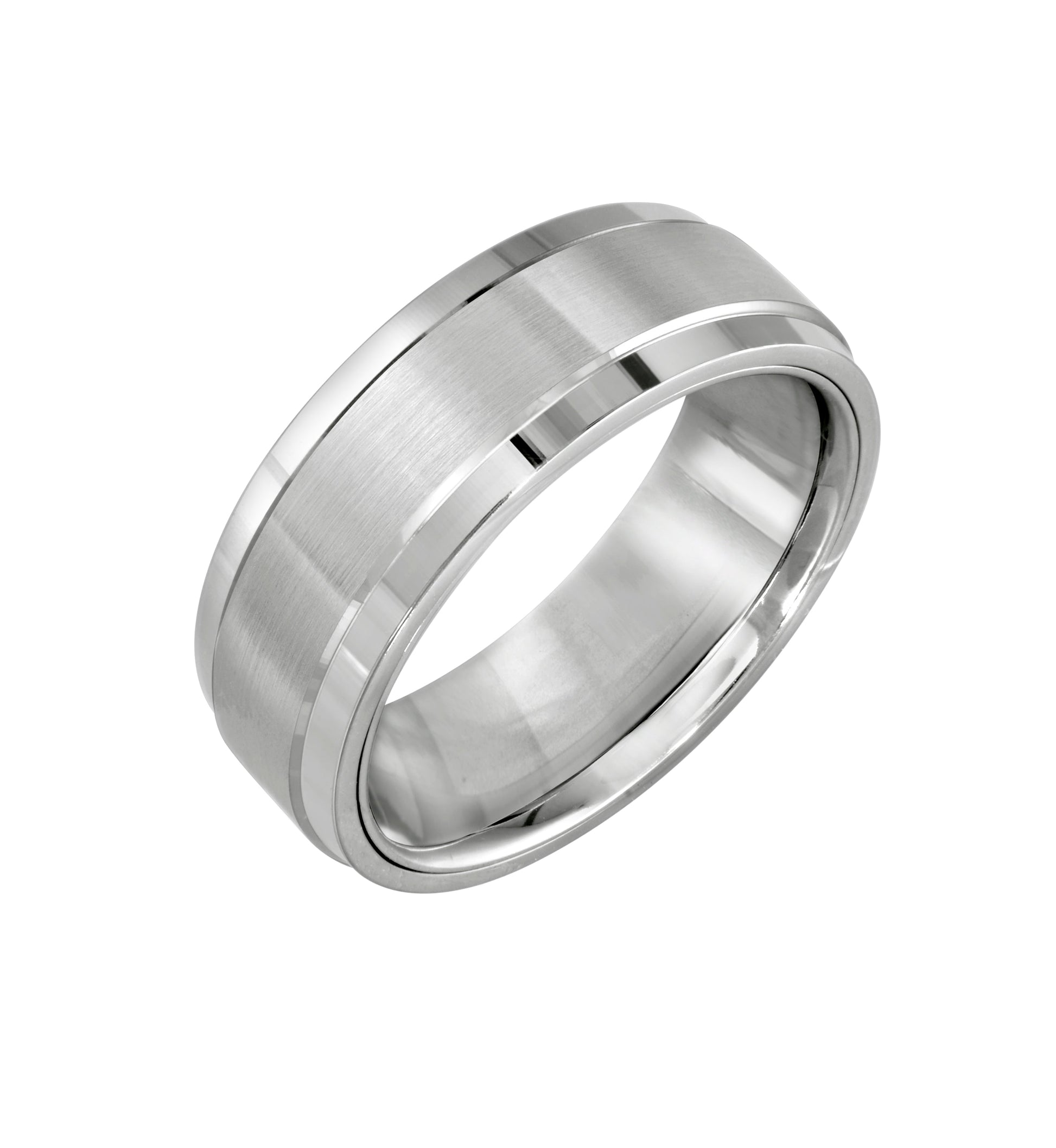 The Malo 14K Yellow and White Gold Wedding Band features a modern, minimalist design with a sleek silver appearance. It boasts a brushed metal finish at the center alongside polished edges, crafted in 14 karat gold. Set against a plain white background, it perfectly complements size 10 wedding bands.