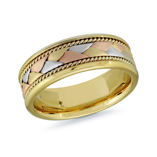 Introducing the Malo 14K White Gold 6mm Wedding Band, a striking piece that showcases a woven pattern integrating yellow, white, and rose gold segments. This exquisite ring is crafted in 14 karat white gold with an elegant rope-like edge design and boasts a lustrous finish, available in size 10.