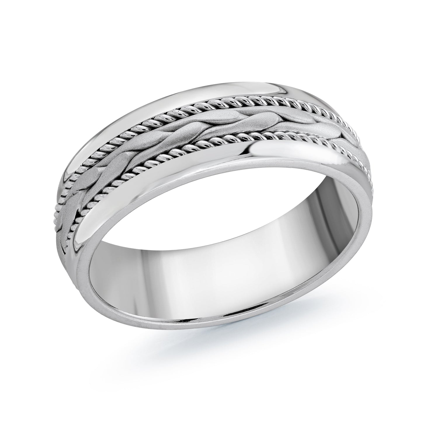 Introducing the Malo 14K White Gold 8mm Wedding Band, showcasing a polished finish with an intricate braided rope pattern encircling the band. This design introduces texture and visual interest, evoking a classic style commonly associated with sophisticated white gold wedding rings.