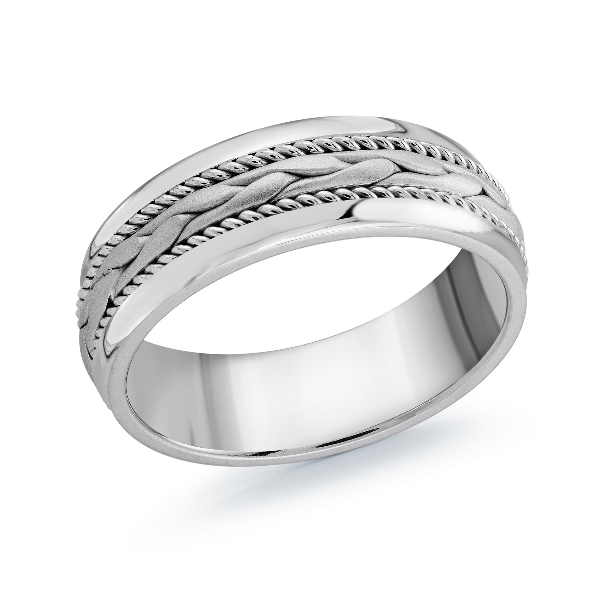 Introducing the Malo 14K White Gold 8mm Wedding Band, showcasing a polished finish with an intricate braided rope pattern encircling the band. This design introduces texture and visual interest, evoking a classic style commonly associated with sophisticated white gold wedding rings.