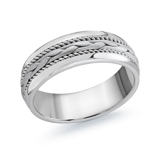 Introducing the Malo 14K White Gold 8mm Wedding Band, showcasing a polished finish with an intricate braided rope pattern encircling the band. This design introduces texture and visual interest, evoking a classic style commonly associated with sophisticated white gold wedding rings.