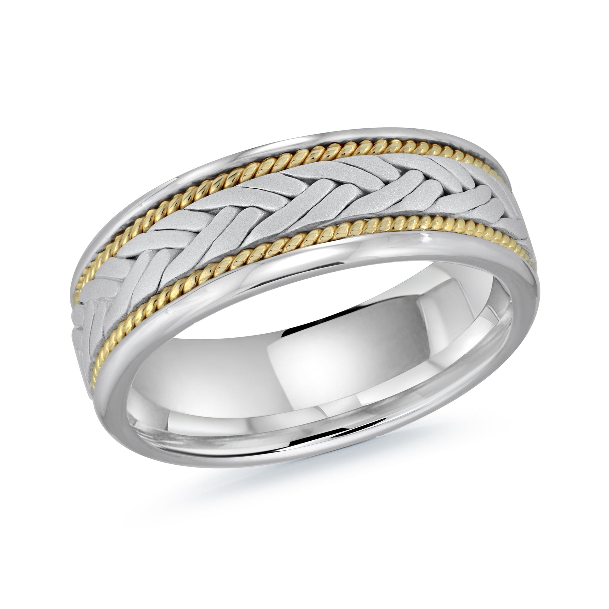 Introducing the Malo 14K White and Yellow Gold 7mm Wedding Band, a striking piece crafted with exquisite detail. This band showcases an intricate braided pattern at its center, beautifully framed by delicate twisted gold strands on each side and completed with a polished, reflective finish.