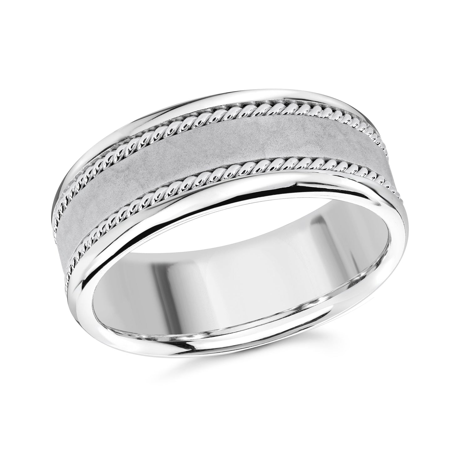 Introducing the Malo 14K White Gold 8mm Wedding Band, a sophisticated piece by Malo. This wedding band features a matte center contrasted with polished edges, highlighted by intricate rope detailing that enhances its sleek and shiny surface.
