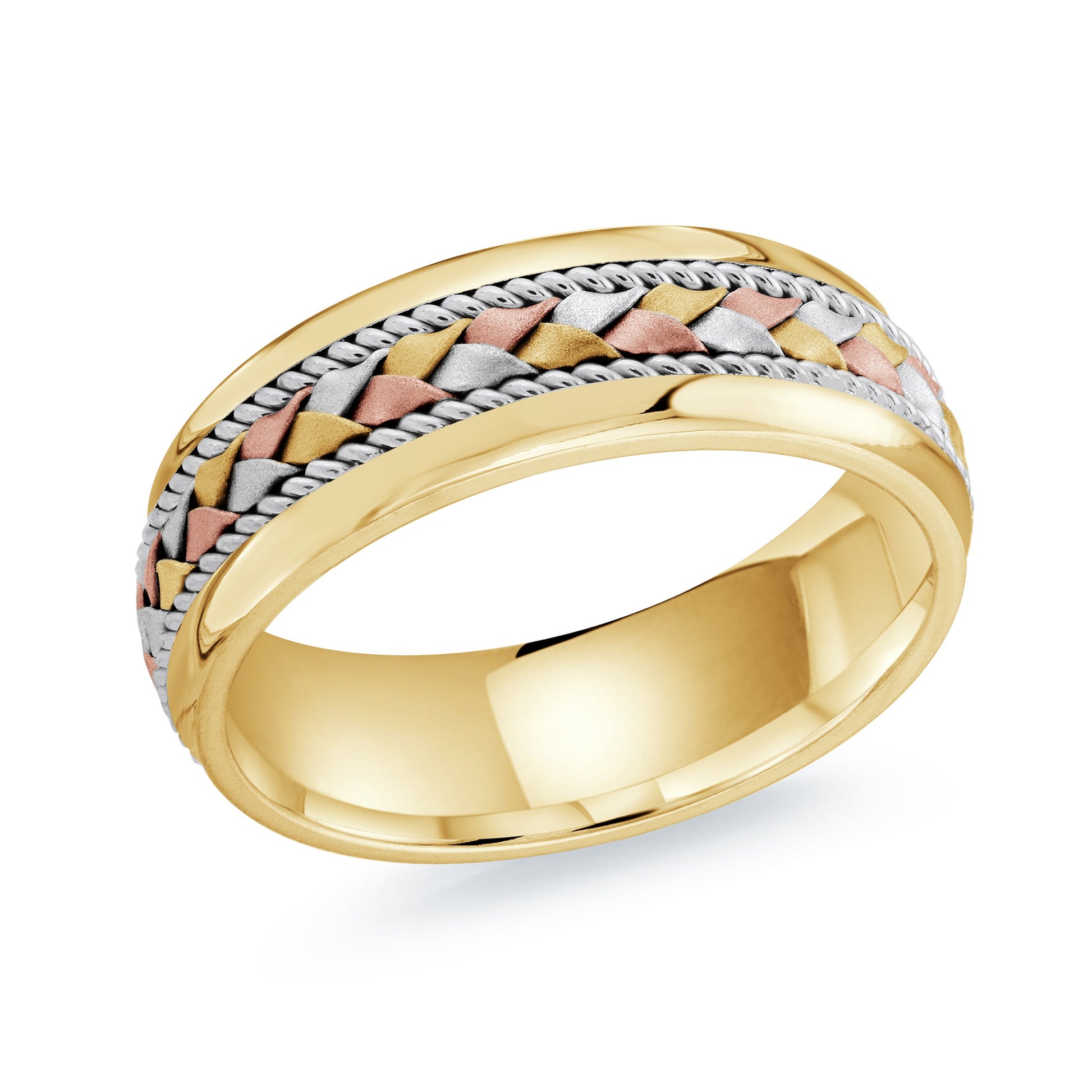Introducing the Malo 14K Yellow, White, and Rose Gold 7mm Wedding Band—a stunning creation featuring an intricate braided design. This exquisite piece combines white gold, yellow gold, and rose gold to form a smooth, reflective band. Its polished finish beautifully captures the essence of a rose gold wedding band.