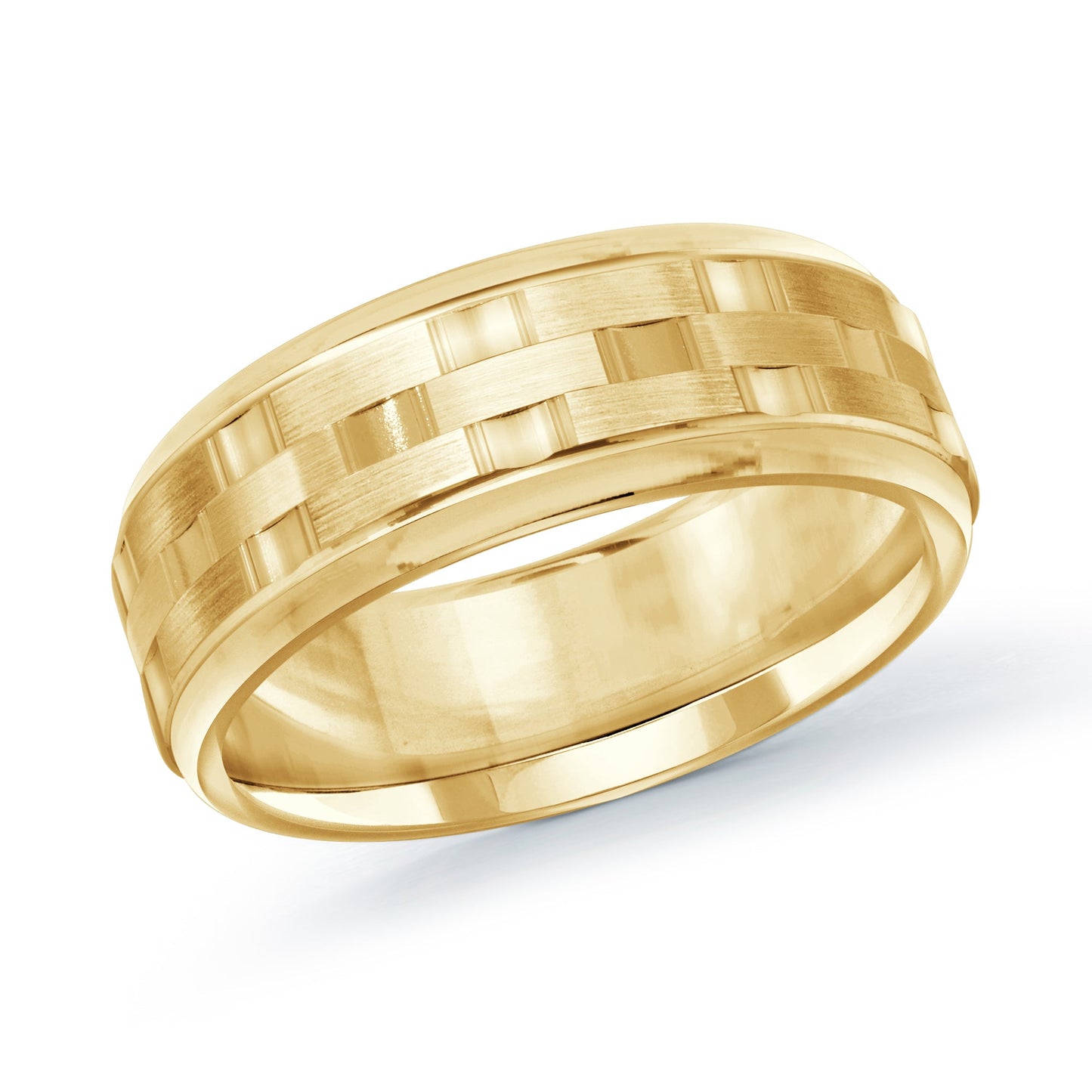 The Malo 14K Yellow Gold 8mm Wedding Band features a polished and shiny finish, beautifully reflecting light. This elegant piece showcases a brushed surface adorned with an intricately engraved woven basket pattern encircling the band.
