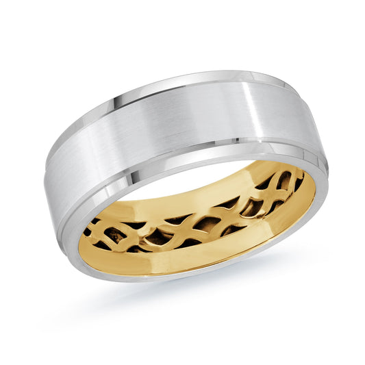 Presenting the Malo 14K White and Yellow Gold 8mm Wedding Band, a beautiful creation crafted by Malo. This wedding band features a brushed silver exterior that contrasts elegantly with a polished gold interior adorned in a lattice-like pattern, all showcased against a pristine white background.